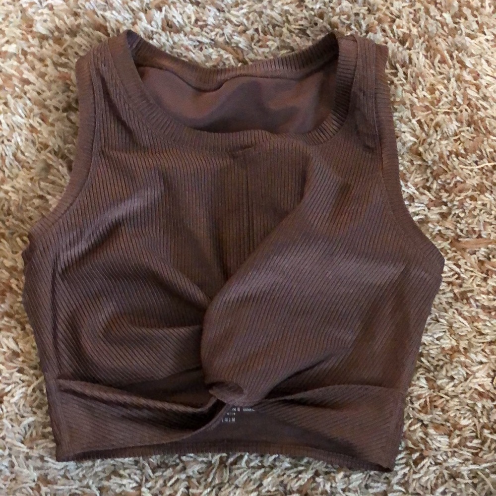 Women's Brown Ribbed Twist-Front Crop Tank Top